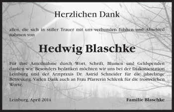 Traueranzeige von Hedwig Blaschke von Pegnitz-Zeitung